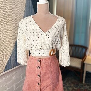 Blue Rain Cream Polka Dot Cropped Blouse with Wooden Detail
